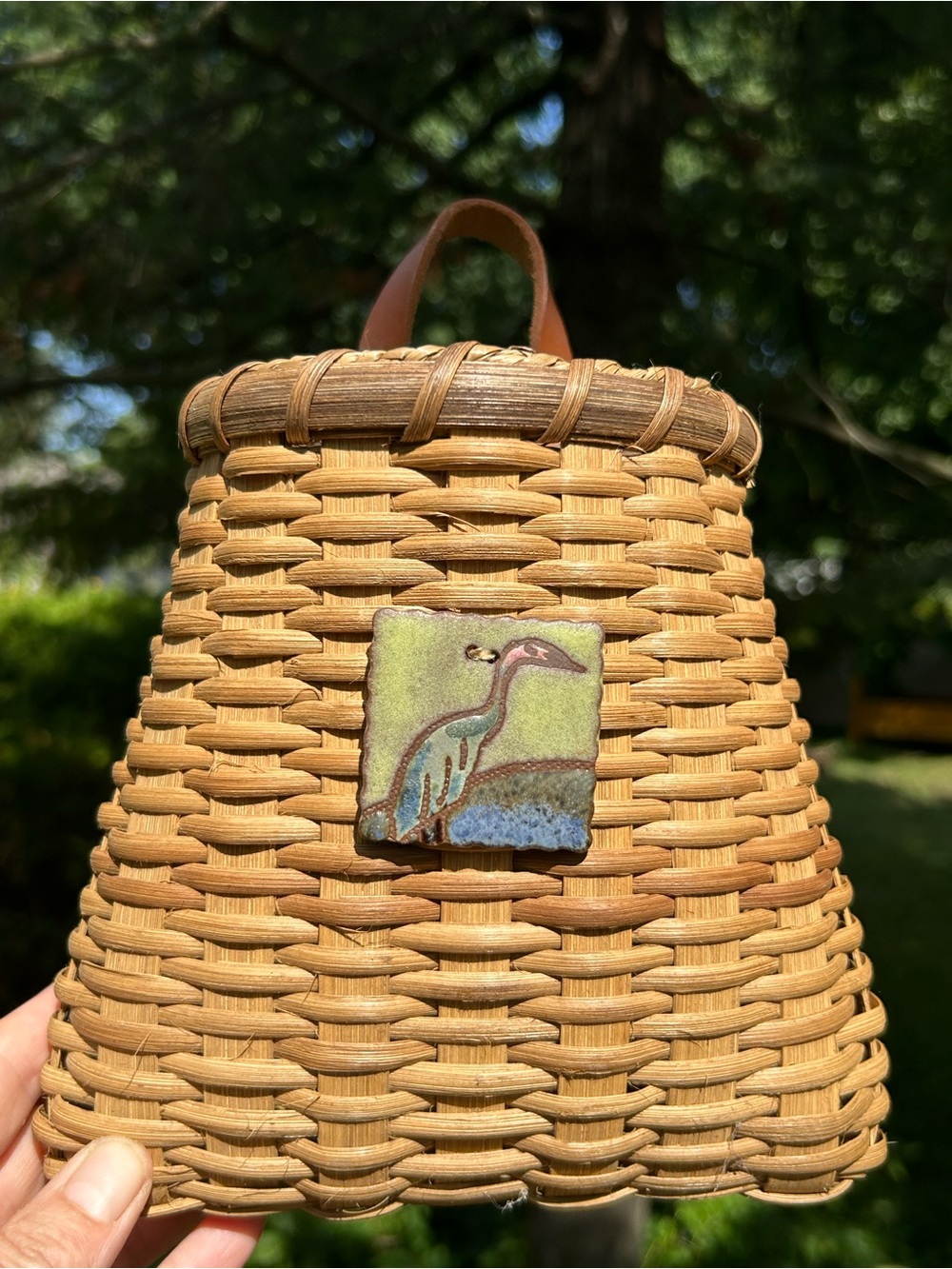 Basket Woven Rattan Wall Hang Heron Tile Accent Handmade Signed Natural 7.5x10.5